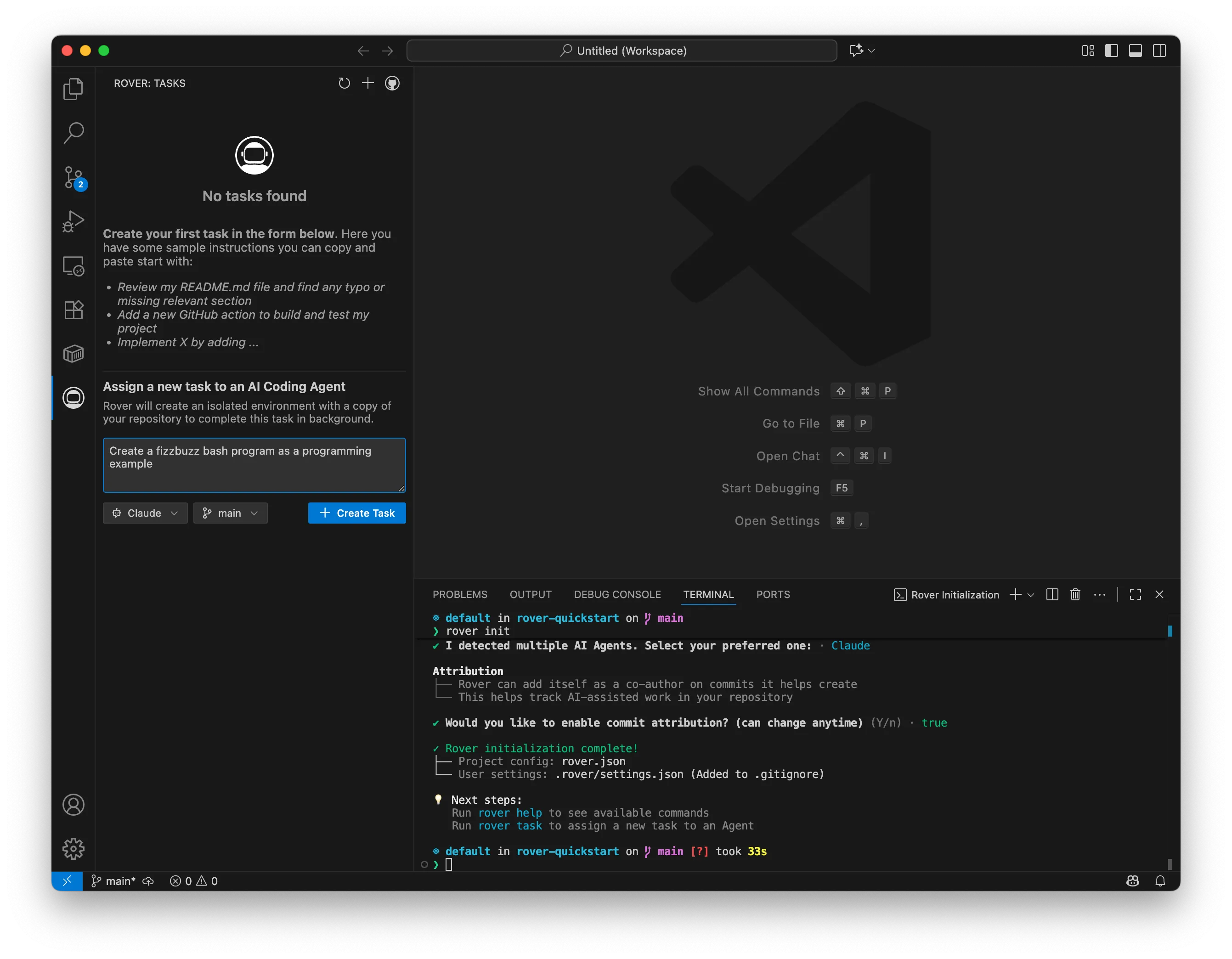 Screenshot showing the empty task list with the new task field filled with a prompt that reads 'Create a fizzbuzz bash program as a programming example'